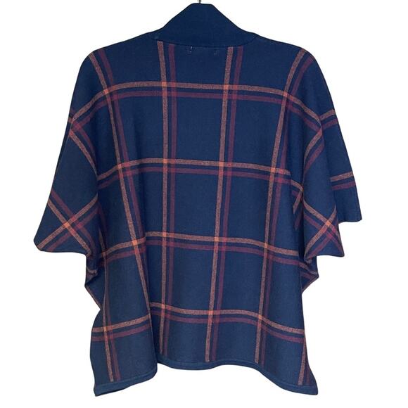 Max Studio short sleeve plaid poncho blue heavy warm cozy sweater one size - Picture 2 of 4